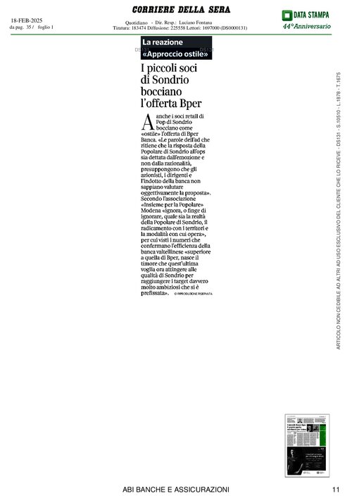 CORRIERE DELLA SERA - I PICCOLI SOCI DI SONDRIO BOCCIANO L'OFFERTA BPER 