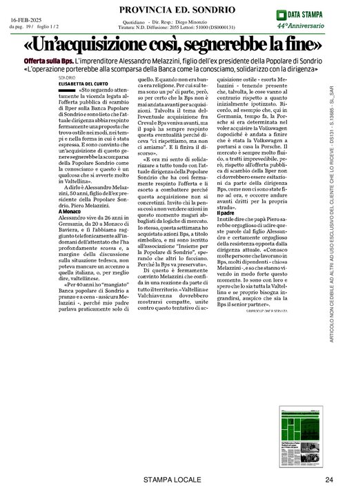 LA PROVINCIA DI SONDRIO - "UN'ACQUISIZIONE COSÌ, SEGNEREBBE LA FINE"