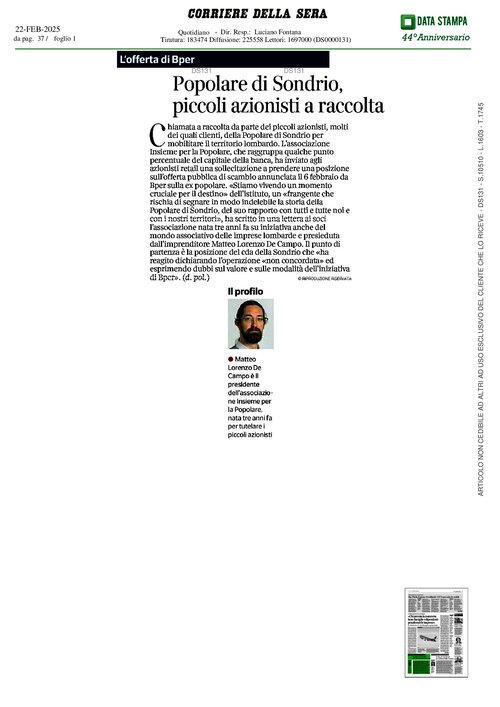 CORRIERE DELLA SERA - POPOLARE DI SONDRIO, PICCOLI AZIONISTI A RACCOLTA
