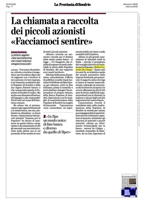 LA PROVINCIA DI SONDRIO - "FACCIAMOCI SENTIRE"