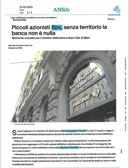 ANSA - PICCOLI AZIONISTI BPS, SENZA TERRITORIO LA BANCA NON È NULLA