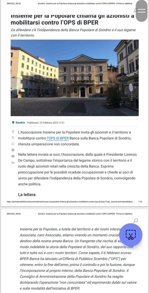 PRIMA LA VALTELLINA - INSIEME PER LA POPOLARE CHIAMA GLI AZIONISTI A MOBILITARSI CONTRO L'OPS