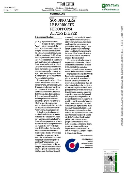 IL SOLE 24 ORE - SONDRIO ALZA LE BARRICATE PER OPPORSI ALL'OPS DI BPER